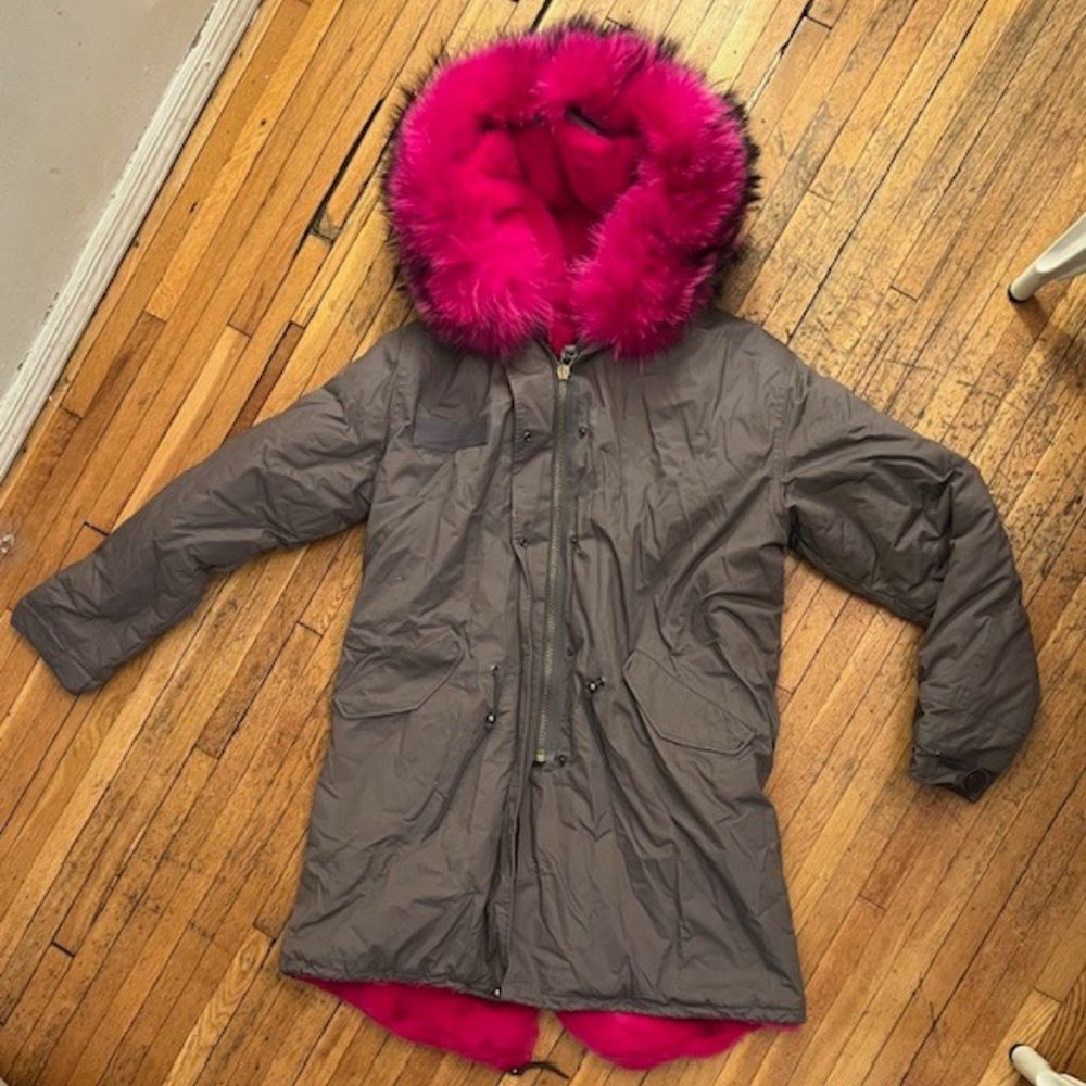 Hot Pink Faux Fur / Army Green/Brown Cargo Parka